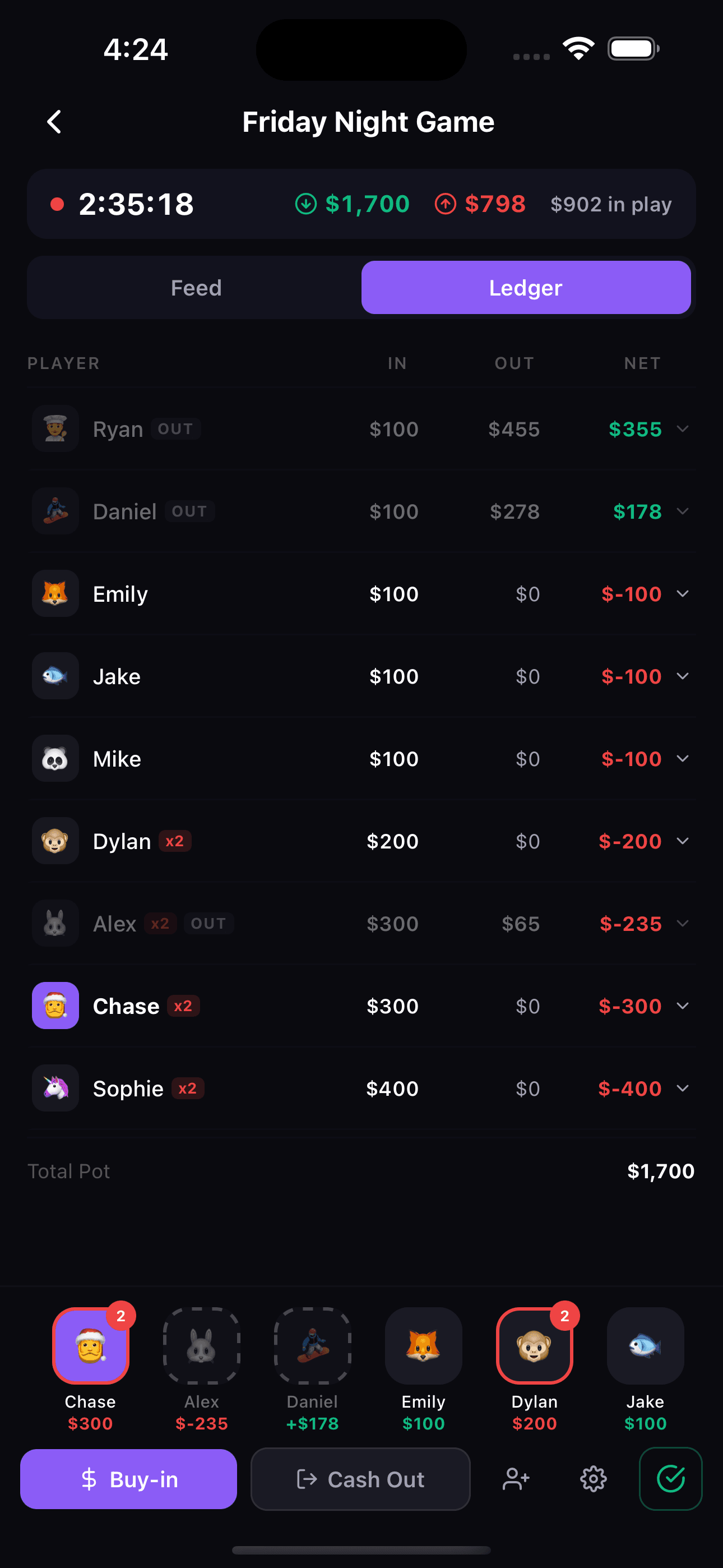 Live multiplayer poker game tracker with buy-ins and cash-outs
